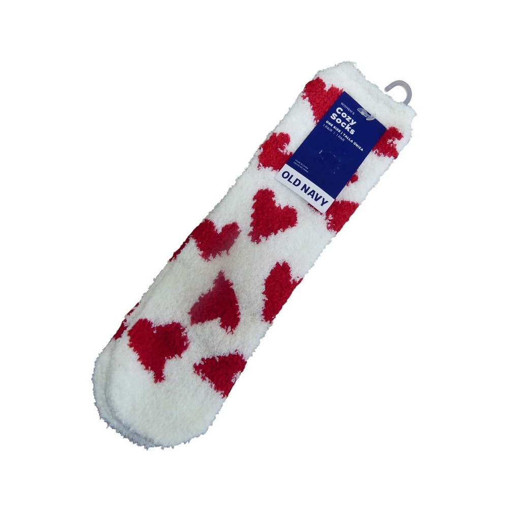 Old Navy Cozy Socks Women One Size White Red New Heart Pattern Fuzzy Crew